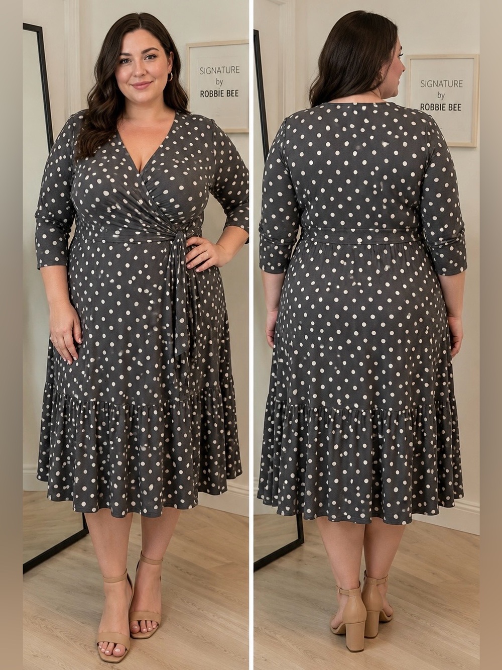 Signature by Robbie Bee NWT 2X Gray Polka Dot Faux Wrap Dress Plus Size